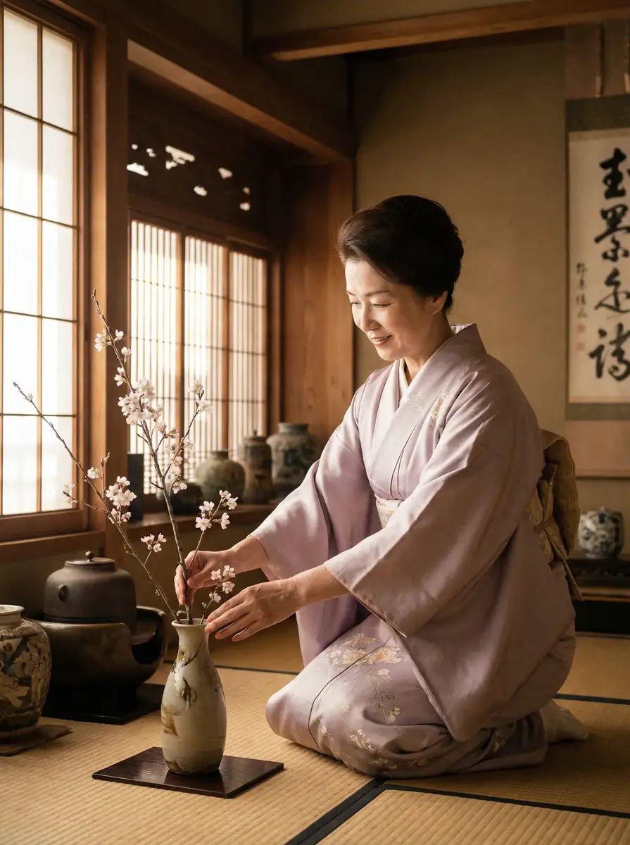 一位优雅的 林俊杰套房 在和室中插花