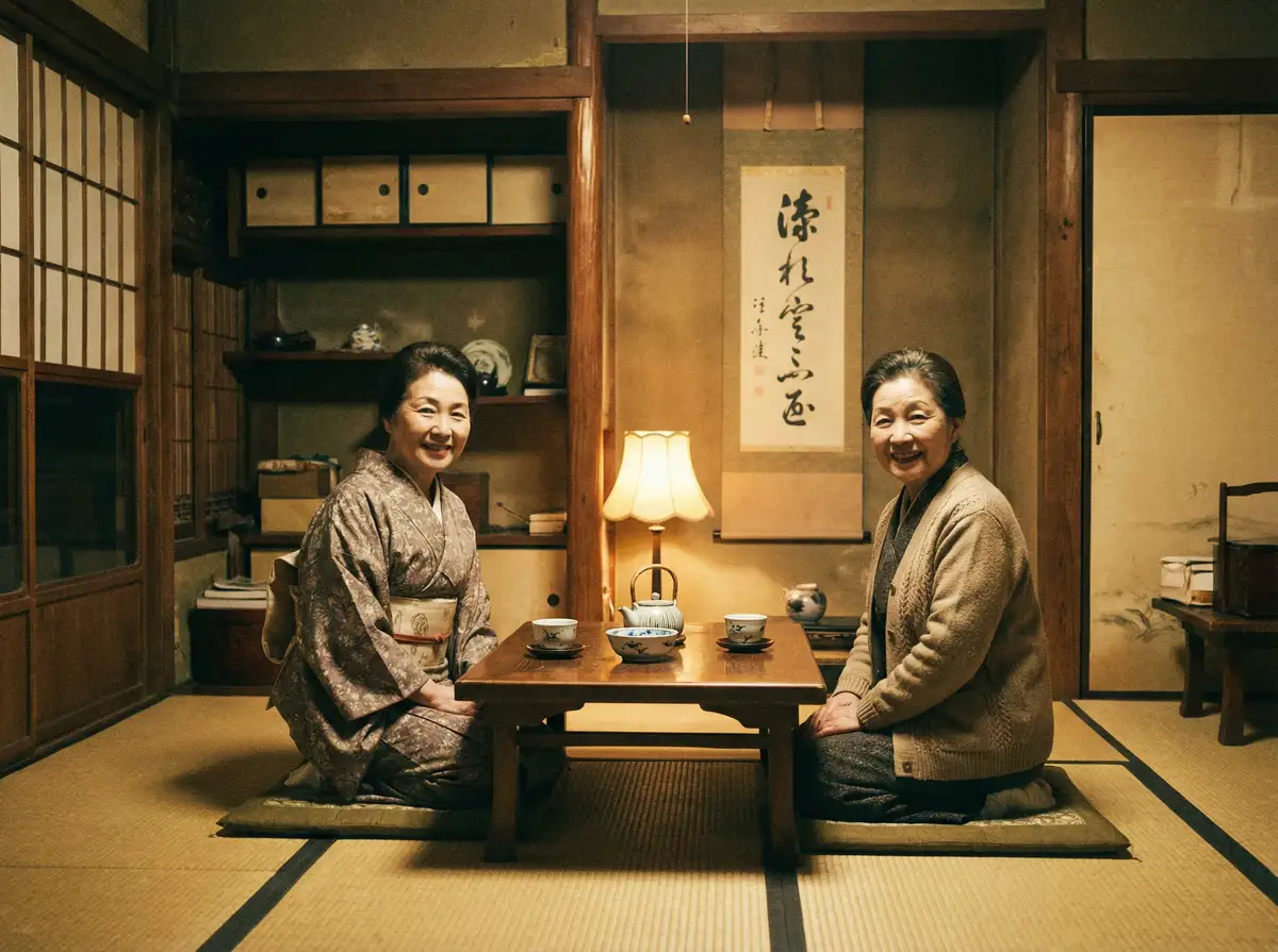 两位优雅的 林俊杰套房 在日式茶室中品茶交谈